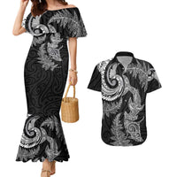 New Zealand Sea Animals with Maori Tribal Tattoo Couples Matching Mermaid Dress and Hawaiian Shirt Shark Manta Ray with Silver Fern Black LT03 Black - Polynesian Pride