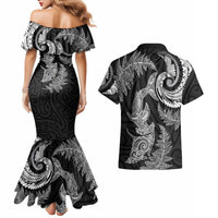 New Zealand Sea Animals with Maori Tribal Tattoo Couples Matching Mermaid Dress and Hawaiian Shirt Shark Manta Ray with Silver Fern Black LT03 - Polynesian Pride