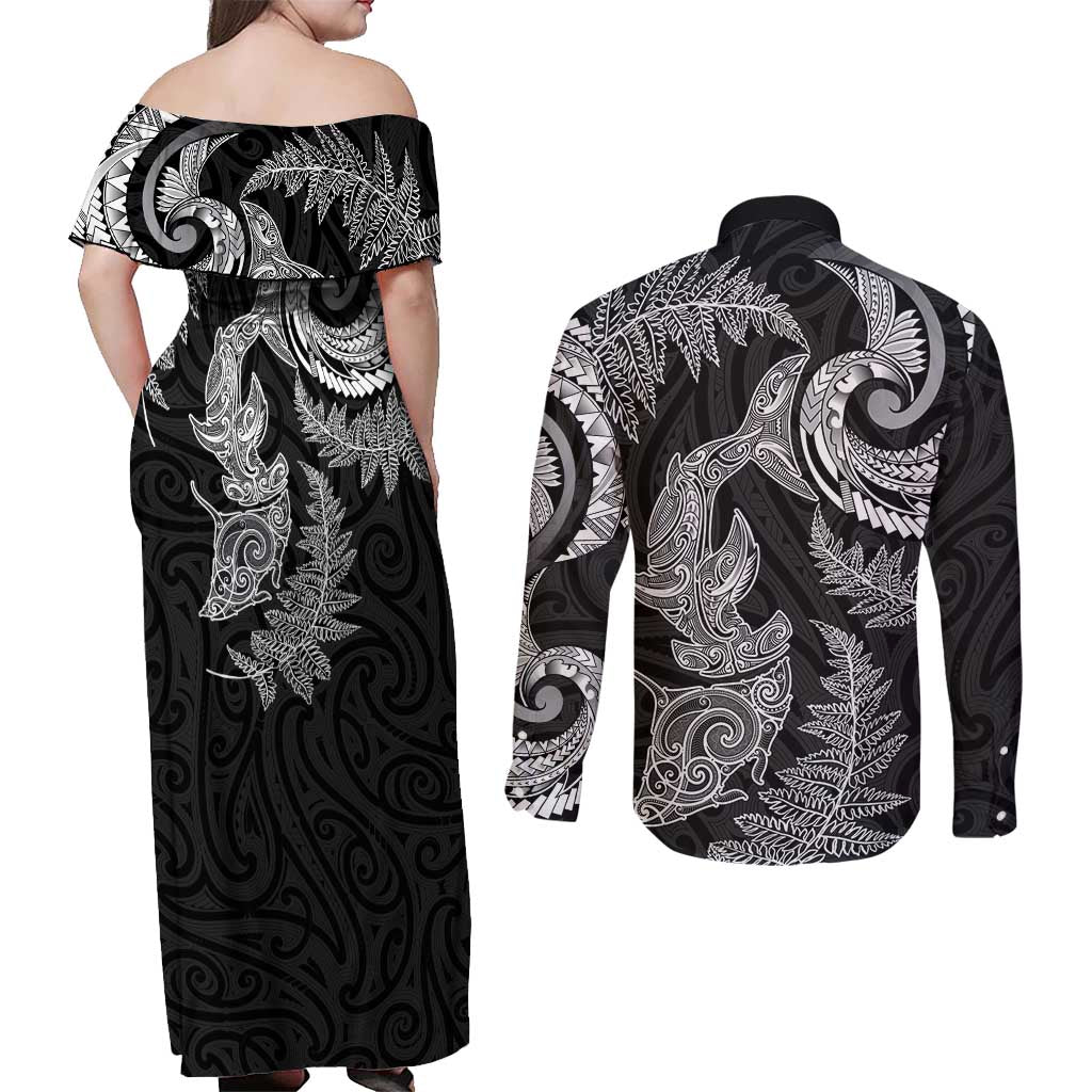 New Zealand Sea Animals with Maori Tribal Tattoo Couples Matching Off Shoulder Maxi Dress and Long Sleeve Button Shirt Shark Manta Ray with Silver Fern Black LT03 - Polynesian Pride