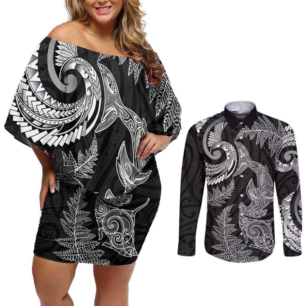 New Zealand Sea Animals with Maori Tribal Tattoo Couples Matching Off Shoulder Short Dress and Long Sleeve Button Shirt Shark Manta Ray with Silver Fern Black LT03 Black - Polynesian Pride