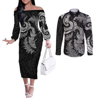 New Zealand Sea Animals with Maori Tribal Tattoo Couples Matching Off The Shoulder Long Sleeve Dress and Long Sleeve Button Shirt Shark Manta Ray with Silver Fern Black LT03 Black - Polynesian Pride