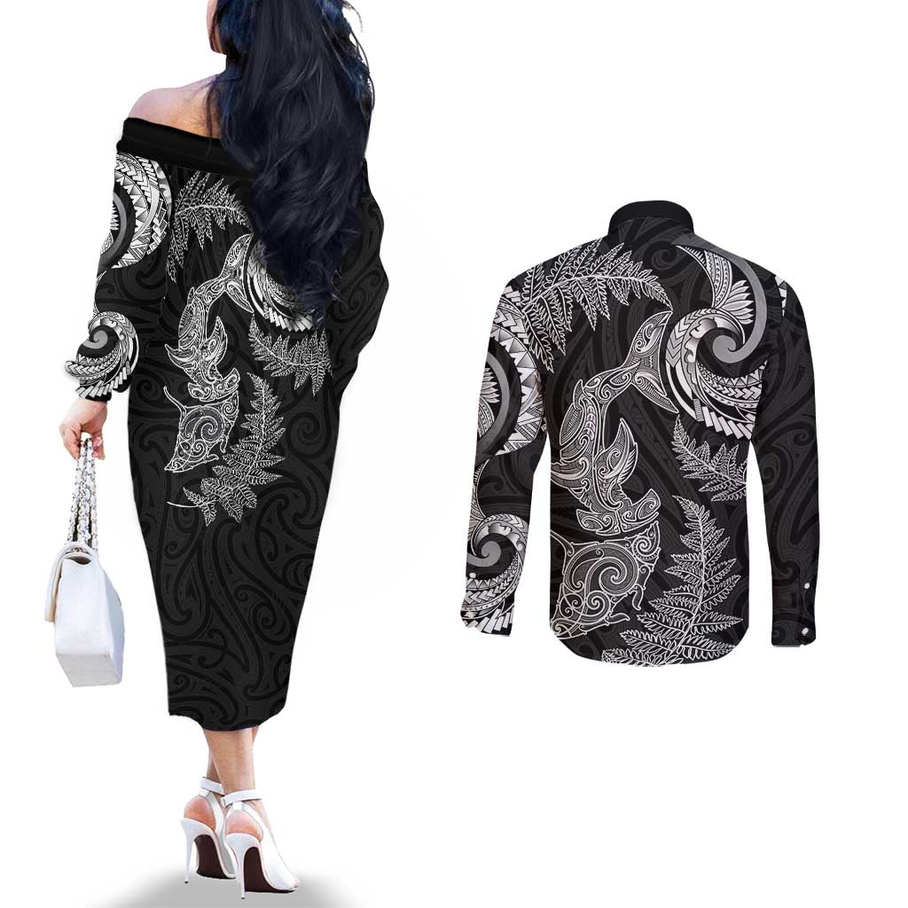 New Zealand Sea Animals with Maori Tribal Tattoo Couples Matching Off The Shoulder Long Sleeve Dress and Long Sleeve Button Shirt Shark Manta Ray with Silver Fern Black LT03 - Polynesian Pride