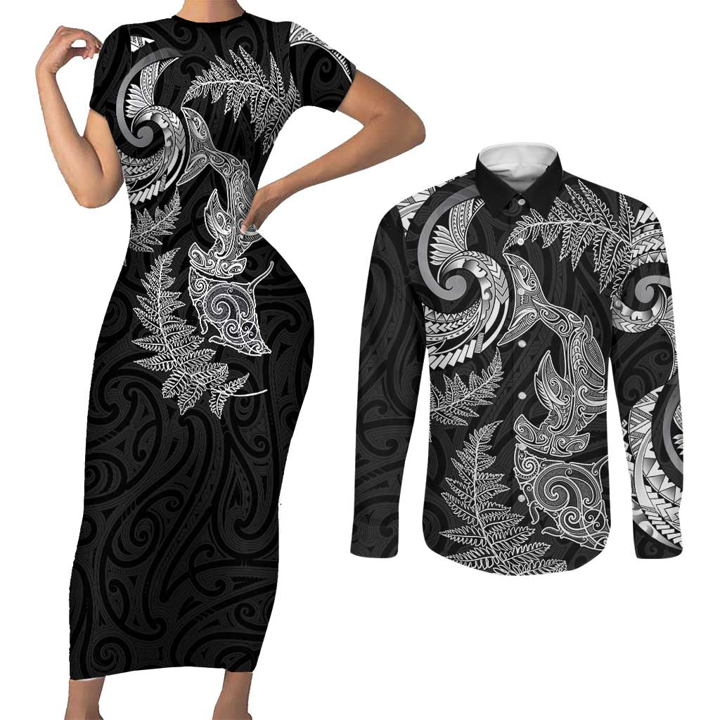 New Zealand Sea Animals with Maori Tribal Tattoo Couples Matching Short Sleeve Bodycon Dress and Long Sleeve Button Shirt Shark Manta Ray with Silver Fern Black LT03 Black - Polynesian Pride