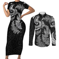 New Zealand Sea Animals with Maori Tribal Tattoo Couples Matching Short Sleeve Bodycon Dress and Long Sleeve Button Shirt Shark Manta Ray with Silver Fern Black LT03 Black - Polynesian Pride