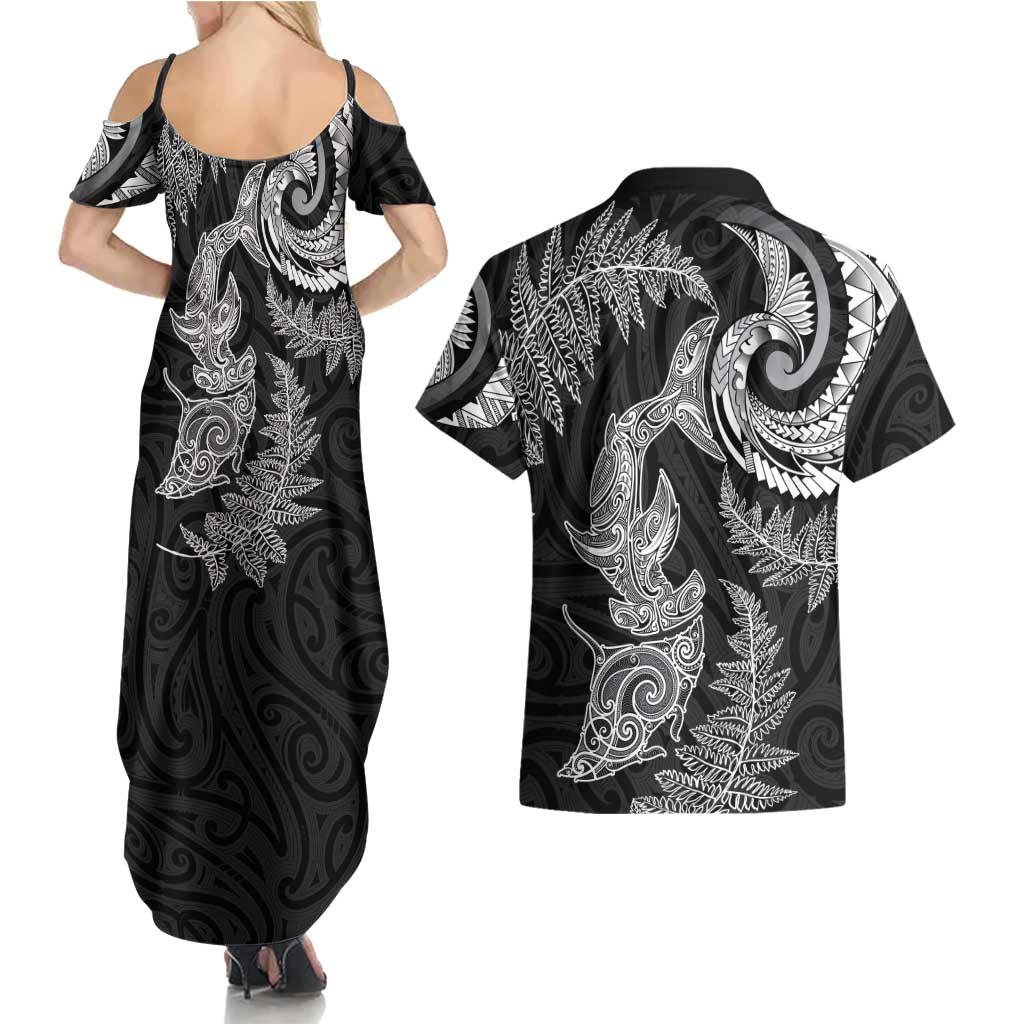 New Zealand Sea Animals with Maori Tribal Tattoo Couples Matching Summer Maxi Dress and Hawaiian Shirt Shark Manta Ray with Silver Fern Black LT03 - Polynesian Pride