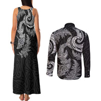 New Zealand Sea Animals with Maori Tribal Tattoo Couples Matching Tank Maxi Dress and Long Sleeve Button Shirt Shark Manta Ray with Silver Fern Black LT03 - Polynesian Pride