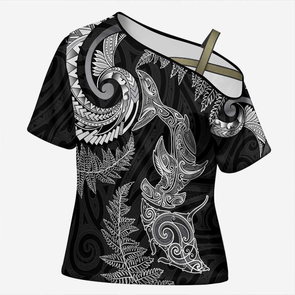 New Zealand Sea Animals with Maori Tribal Tattoo Cross Shoulder Shirt Shark Manta Ray with Silver Fern Black LT03 Female Black - Polynesian Pride