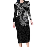 New Zealand Sea Animals with Maori Tribal Tattoo Family Matching Long Sleeve Bodycon Dress and Hawaiian Shirt Shark Manta Ray with Silver Fern Black LT03 Mom's Dress Black - Polynesian Pride