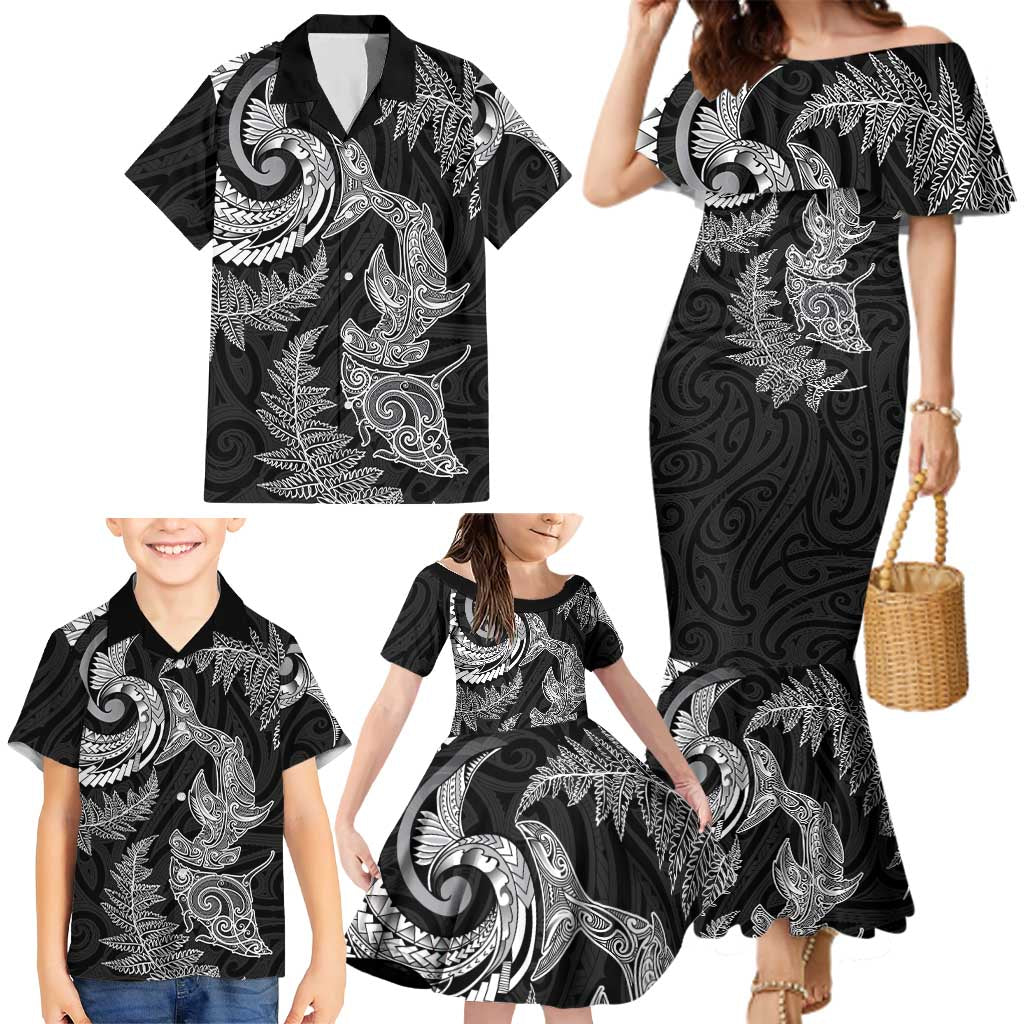 New Zealand Sea Animals with Maori Tribal Tattoo Family Matching Mermaid Dress and Hawaiian Shirt Shark Manta Ray with Silver Fern Black LT03 - Polynesian Pride