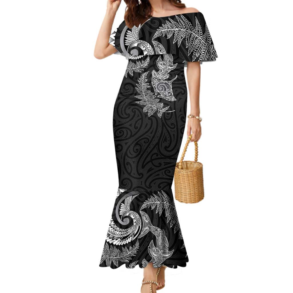 New Zealand Sea Animals with Maori Tribal Tattoo Family Matching Mermaid Dress and Hawaiian Shirt Shark Manta Ray with Silver Fern Black LT03 Mom's Dress Black - Polynesian Pride