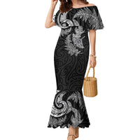 New Zealand Sea Animals with Maori Tribal Tattoo Family Matching Mermaid Dress and Hawaiian Shirt Shark Manta Ray with Silver Fern Black LT03 Mom's Dress Black - Polynesian Pride