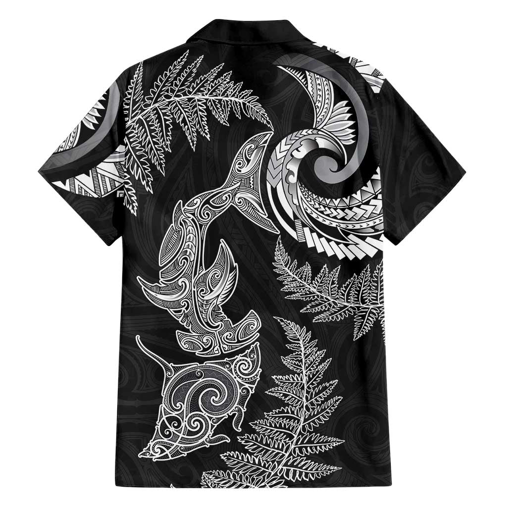 New Zealand Sea Animals with Maori Tribal Tattoo Family Matching Off The Shoulder Long Sleeve Dress and Hawaiian Shirt Shark Manta Ray with Silver Fern Black LT03 - Polynesian Pride