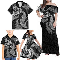 New Zealand Sea Animals with Maori Tribal Tattoo Family Matching Off Shoulder Maxi Dress and Hawaiian Shirt Shark Manta Ray with Silver Fern Black LT03 - Polynesian Pride