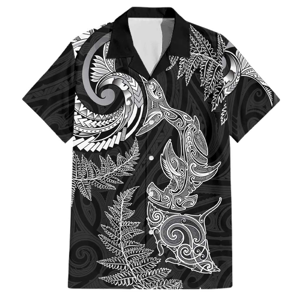 New Zealand Sea Animals with Maori Tribal Tattoo Family Matching Off Shoulder Maxi Dress and Hawaiian Shirt Shark Manta Ray with Silver Fern Black LT03 Dad's Shirt - Short Sleeve Black - Polynesian Pride