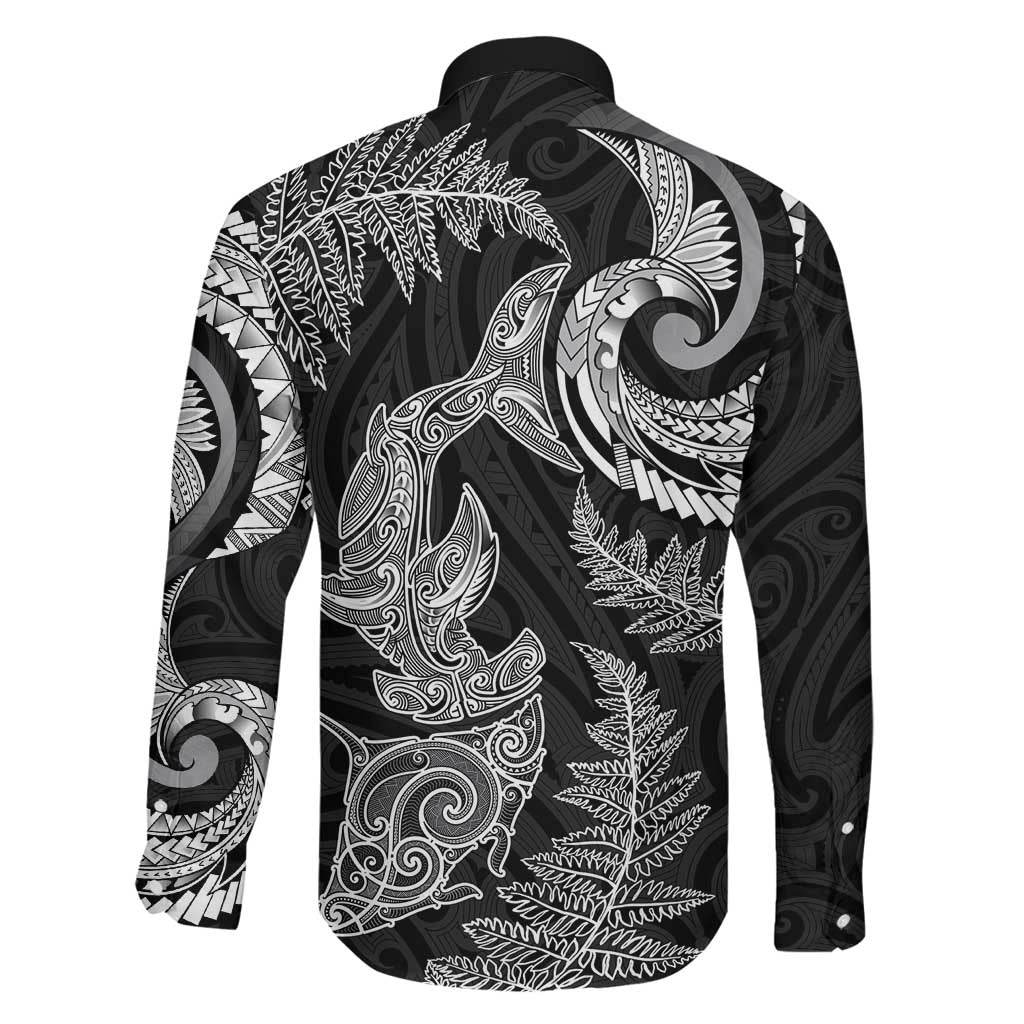 New Zealand Sea Animals with Maori Tribal Tattoo Family Matching Off Shoulder Maxi Dress and Hawaiian Shirt Shark Manta Ray with Silver Fern Black LT03 - Polynesian Pride