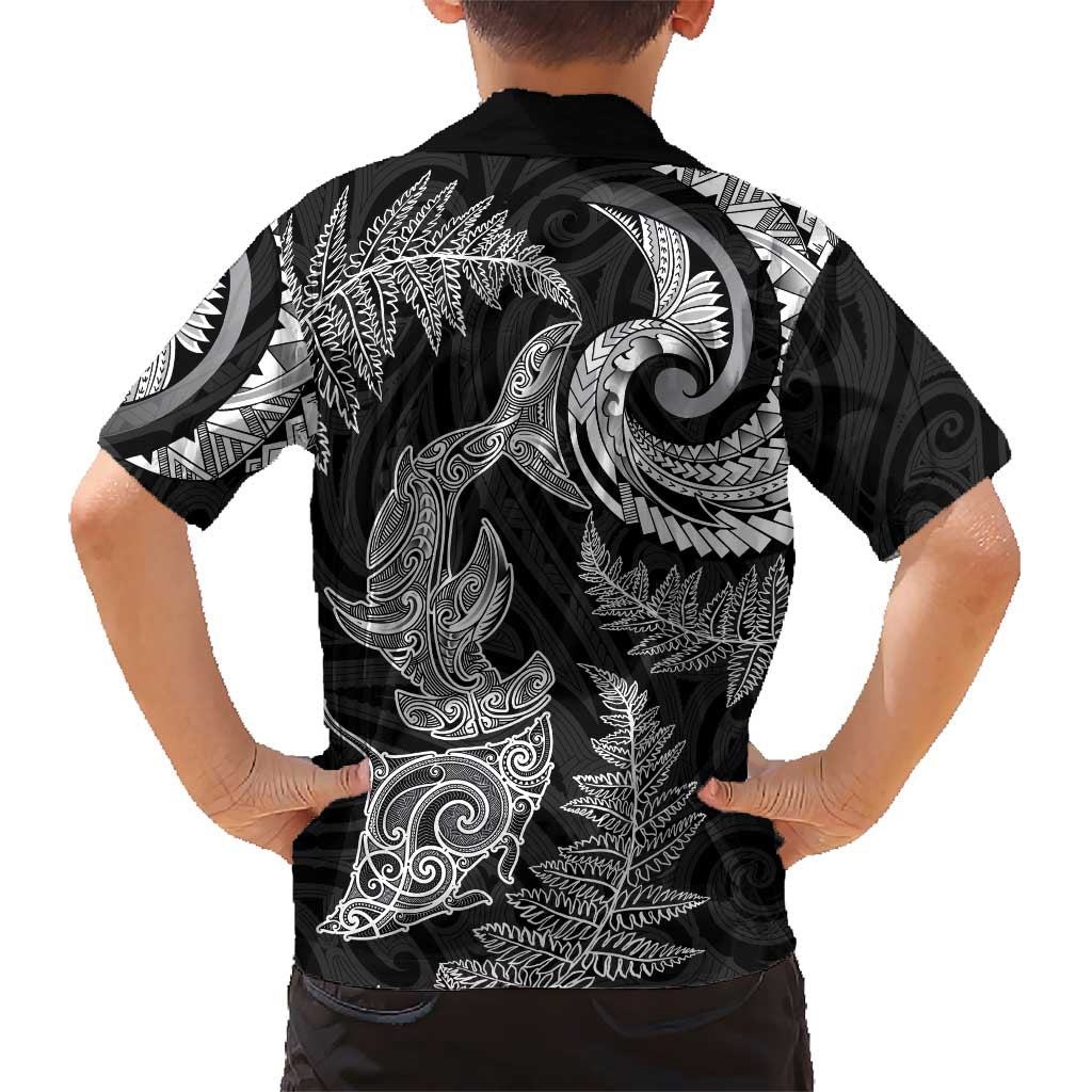 New Zealand Sea Animals with Maori Tribal Tattoo Family Matching Puletasi and Hawaiian Shirt Shark Manta Ray with Silver Fern Black LT03 - Polynesian Pride
