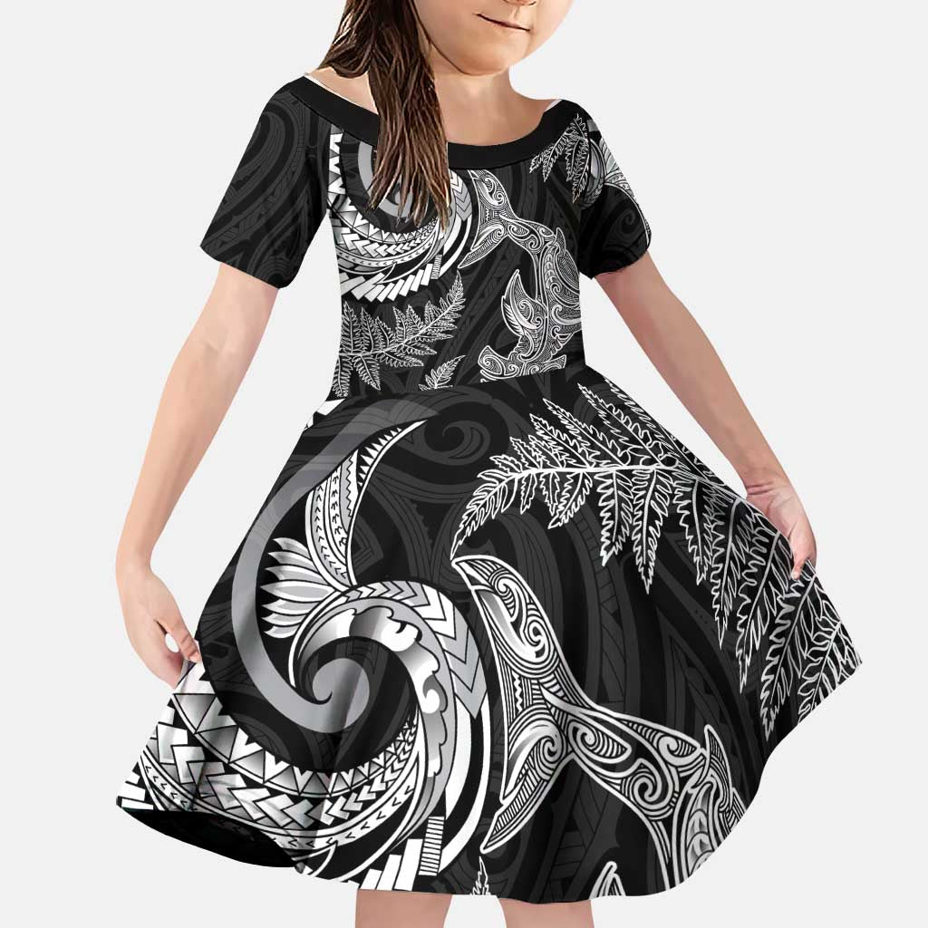 New Zealand Sea Animals with Maori Tribal Tattoo Family Matching Puletasi and Hawaiian Shirt Shark Manta Ray with Silver Fern Black LT03 Daughter's Dress Black - Polynesian Pride