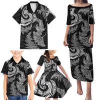 New Zealand Sea Animals with Maori Tribal Tattoo Family Matching Puletasi and Hawaiian Shirt Shark Manta Ray with Silver Fern Black LT03 - Polynesian Pride