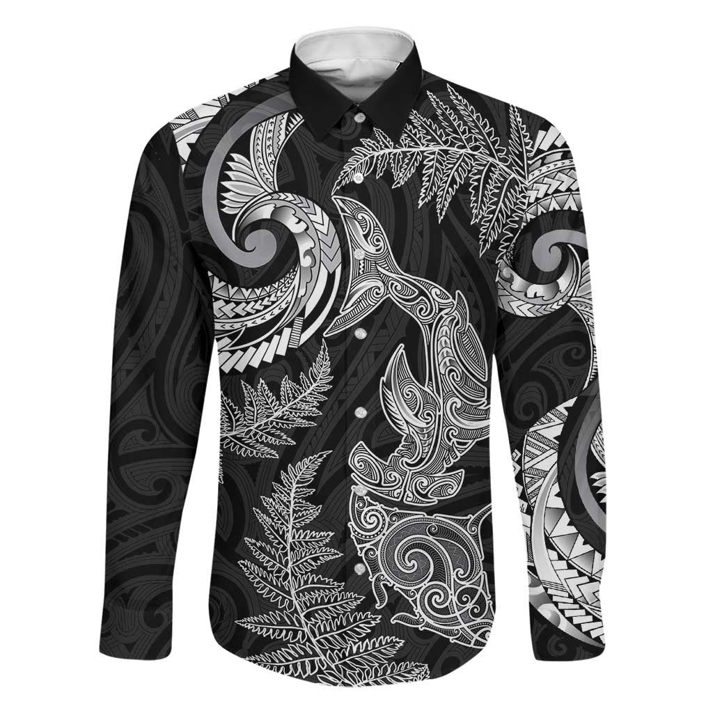 New Zealand Sea Animals with Maori Tribal Tattoo Family Matching Summer Maxi Dress and Hawaiian Shirt Shark Manta Ray with Silver Fern Black LT03 Dad's Shirt - Long Sleeve Black - Polynesian Pride