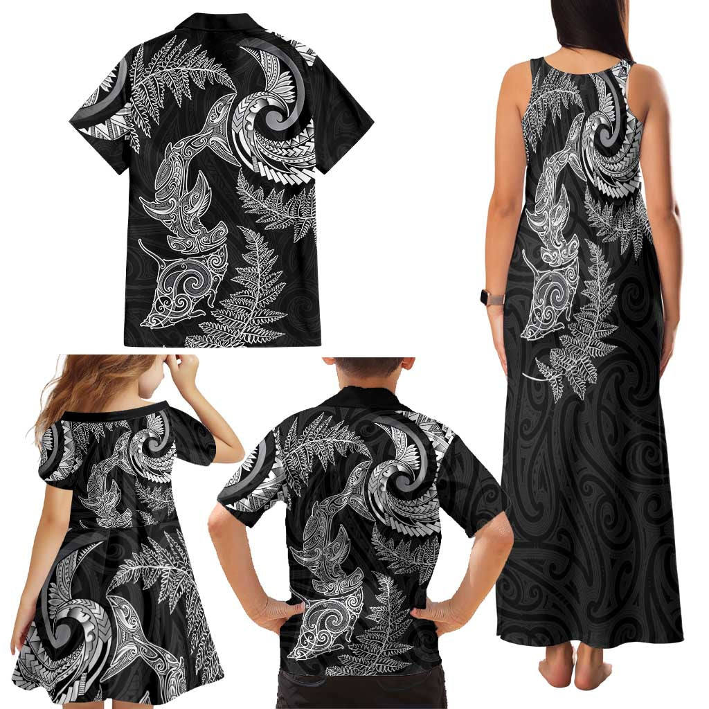 New Zealand Sea Animals with Maori Tribal Tattoo Family Matching Tank Maxi Dress and Hawaiian Shirt Shark Manta Ray with Silver Fern Black LT03 - Polynesian Pride