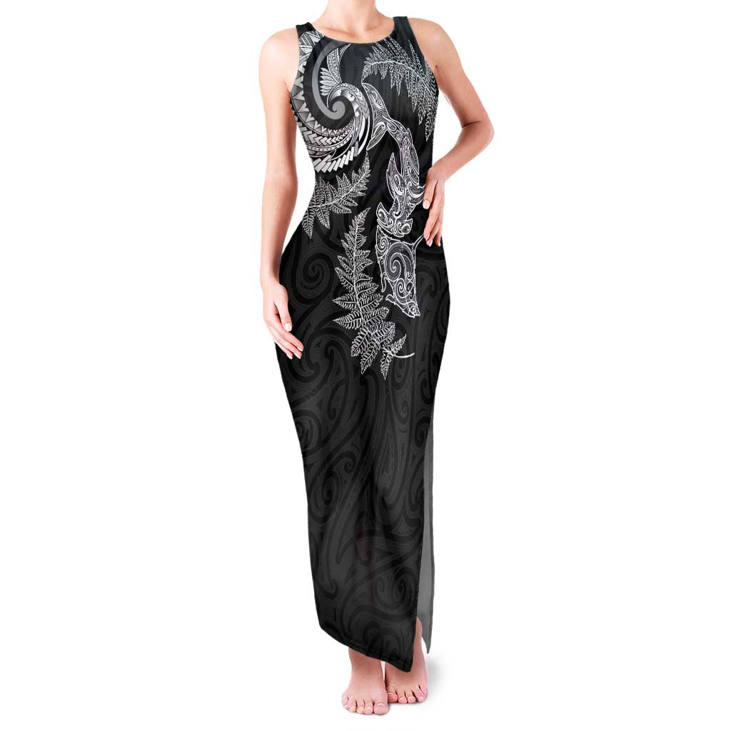 New Zealand Sea Animals with Maori Tribal Tattoo Family Matching Tank Maxi Dress and Hawaiian Shirt Shark Manta Ray with Silver Fern Black LT03 Mom's Dress Black - Polynesian Pride