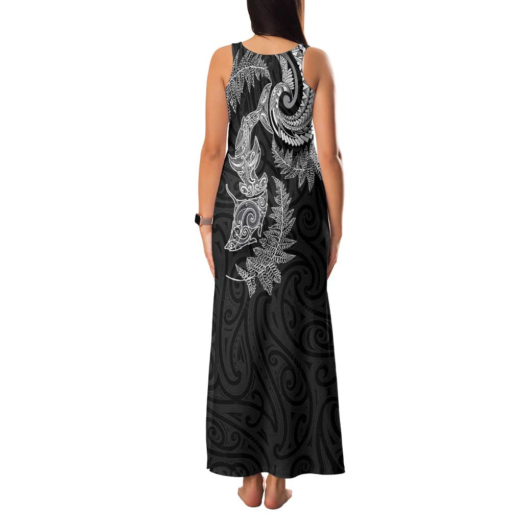 New Zealand Sea Animals with Maori Tribal Tattoo Family Matching Tank Maxi Dress and Hawaiian Shirt Shark Manta Ray with Silver Fern Black LT03 - Polynesian Pride