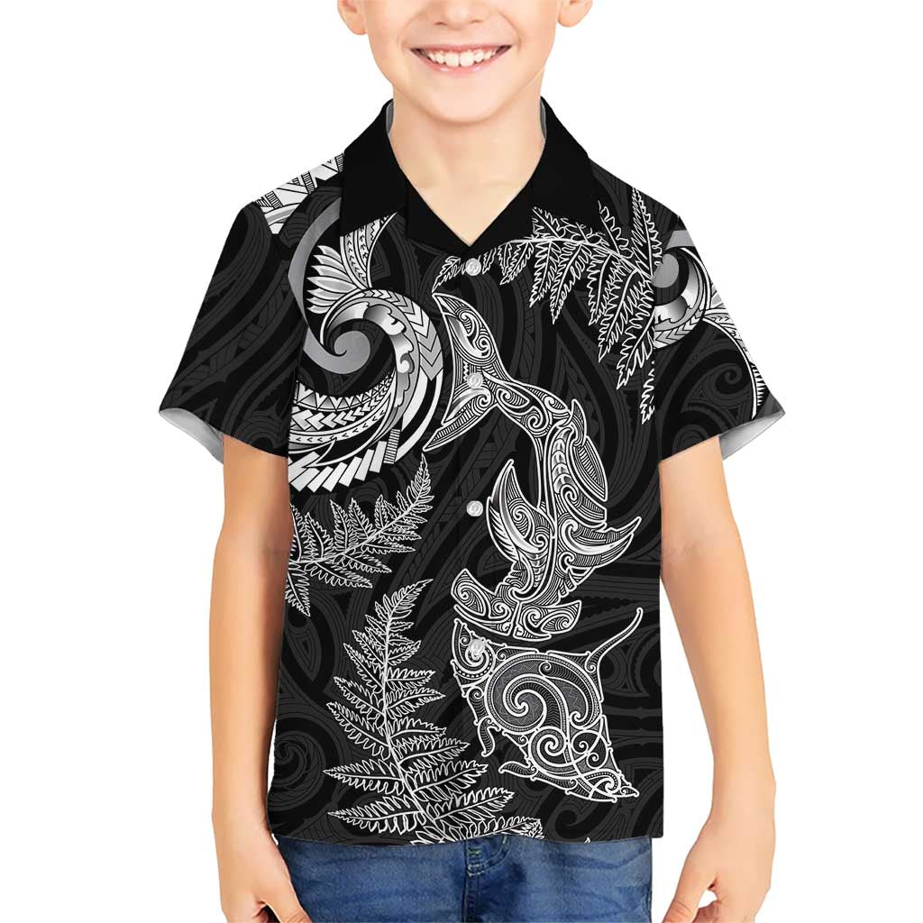 New Zealand Sea Animals with Maori Tribal Tattoo Family Matching Tank Maxi Dress and Hawaiian Shirt Shark Manta Ray with Silver Fern Black LT03 Son's Shirt Black - Polynesian Pride