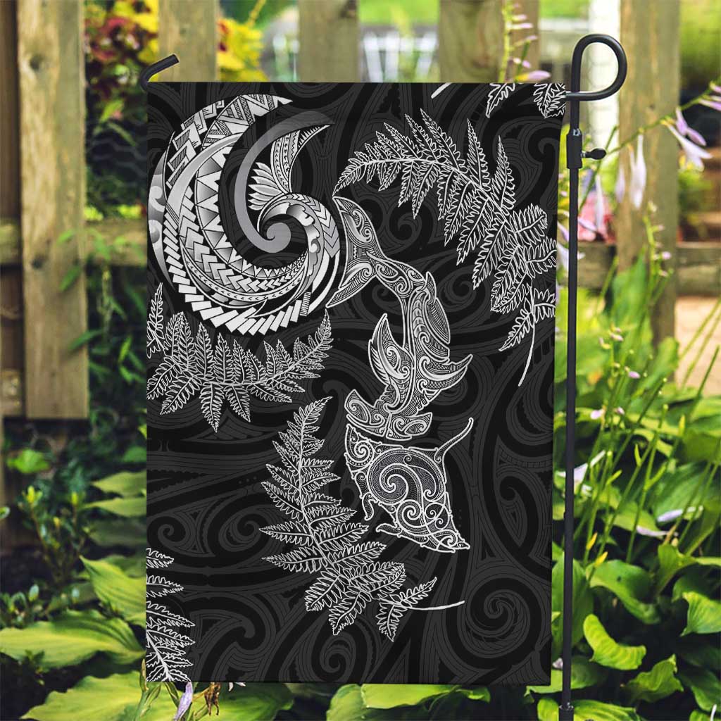New Zealand Sea Animals with Maori Tribal Tattoo Garden Flag Shark Manta Ray with Silver Fern Black LT03 Garden Flag Black - Polynesian Pride
