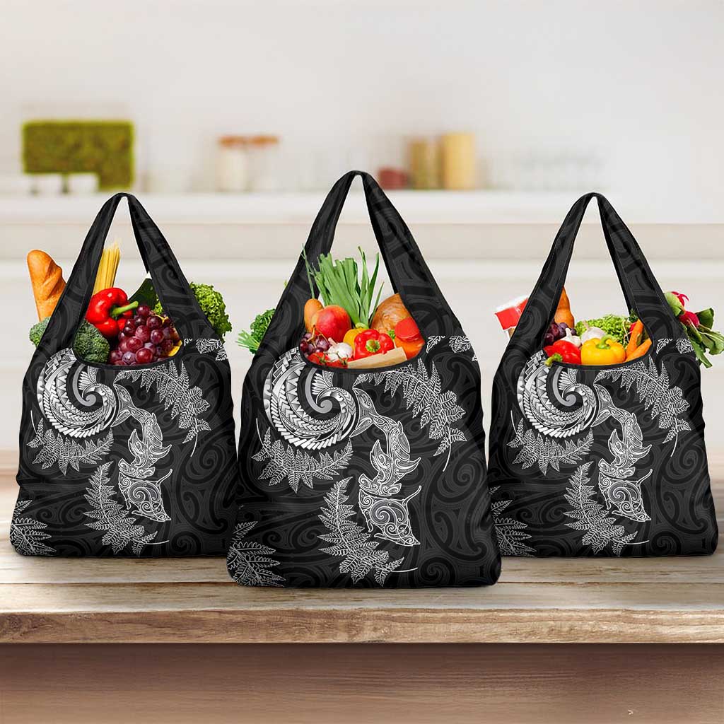 New Zealand Sea Animals with Maori Tribal Tattoo Grocery Bag Shark Manta Ray with Silver Fern Black LT03 3-pack One Size Black - Polynesian Pride