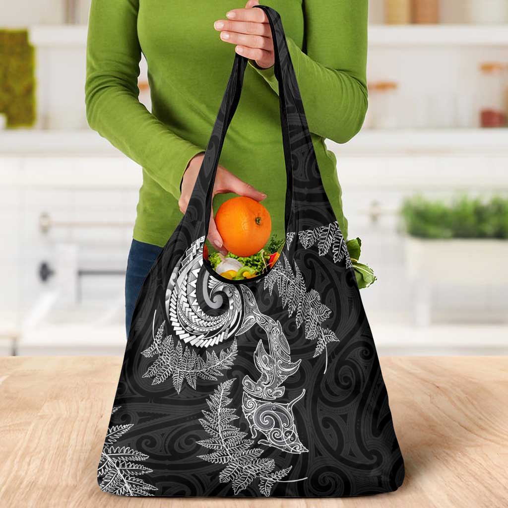 New Zealand Sea Animals with Maori Tribal Tattoo Grocery Bag Shark Manta Ray with Silver Fern Black LT03 - Polynesian Pride