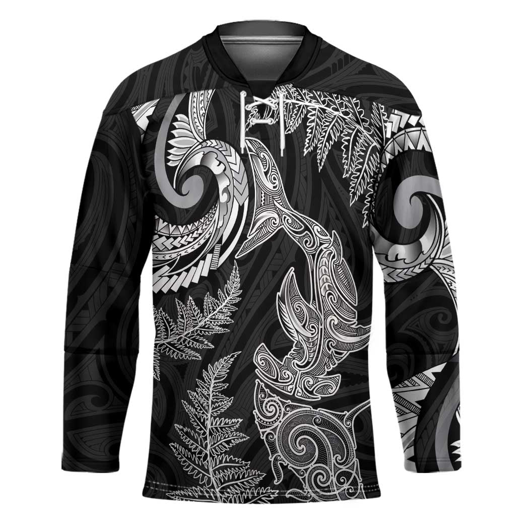 New Zealand Sea Animals with Maori Tribal Tattoo Hockey Jersey Shark Manta Ray with Silver Fern Black LT03 Unisex Black - Polynesian Pride