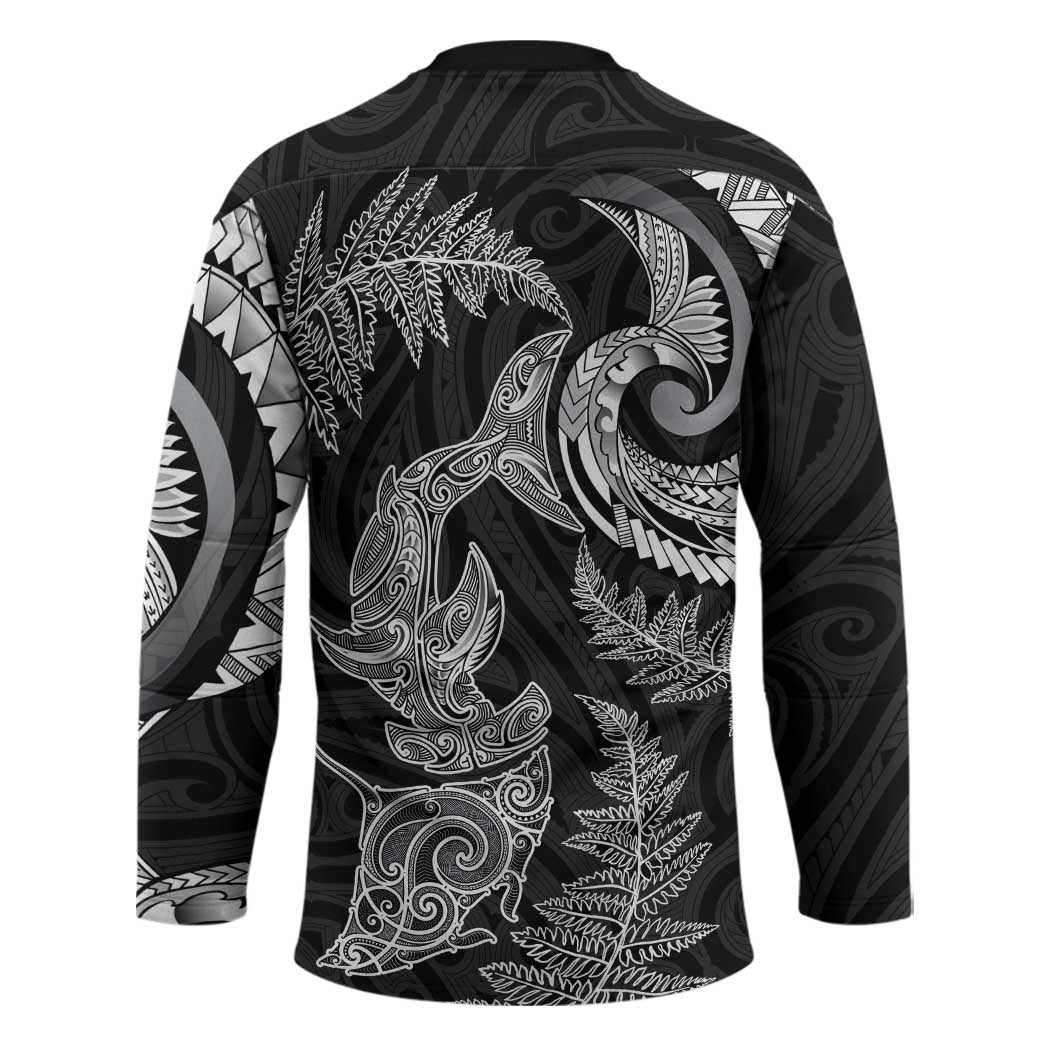 New Zealand Sea Animals with Maori Tribal Tattoo Hockey Jersey Shark Manta Ray with Silver Fern Black LT03 - Polynesian Pride