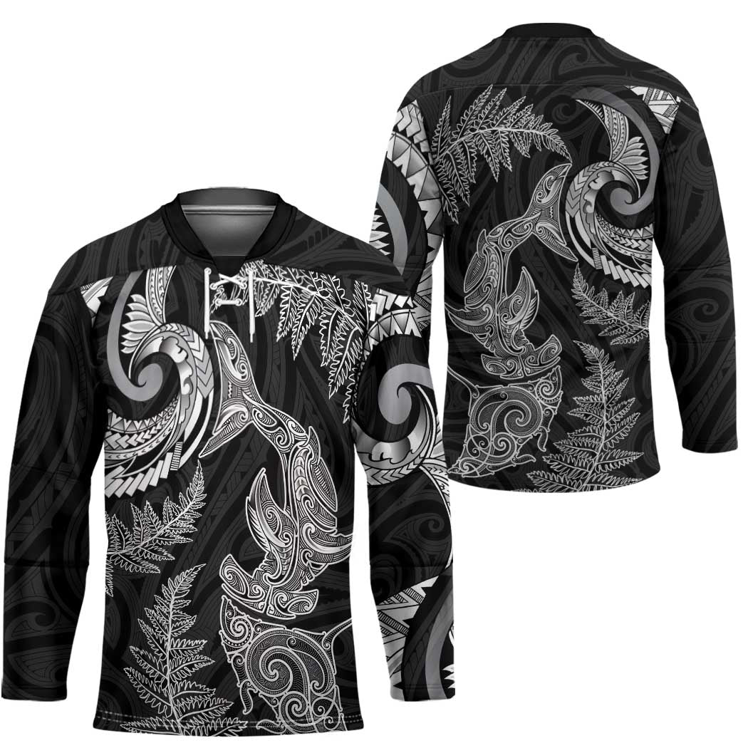 New Zealand Sea Animals with Maori Tribal Tattoo Hockey Jersey Shark Manta Ray with Silver Fern Black LT03 - Polynesian Pride