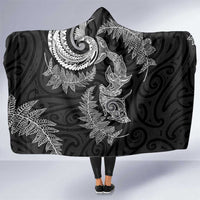 New Zealand Sea Animals with Maori Tribal Tattoo Hooded Blanket Shark Manta Ray with Silver Fern Black LT03 One Size Black - Polynesian Pride