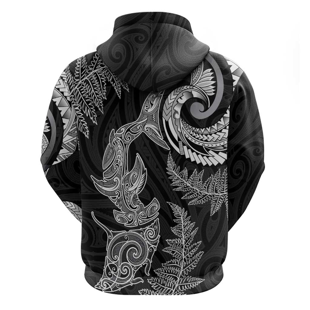 New Zealand Sea Animals with Maori Tribal Tattoo Hoodie Shark Manta Ray with Silver Fern Black LT03 - Polynesian Pride