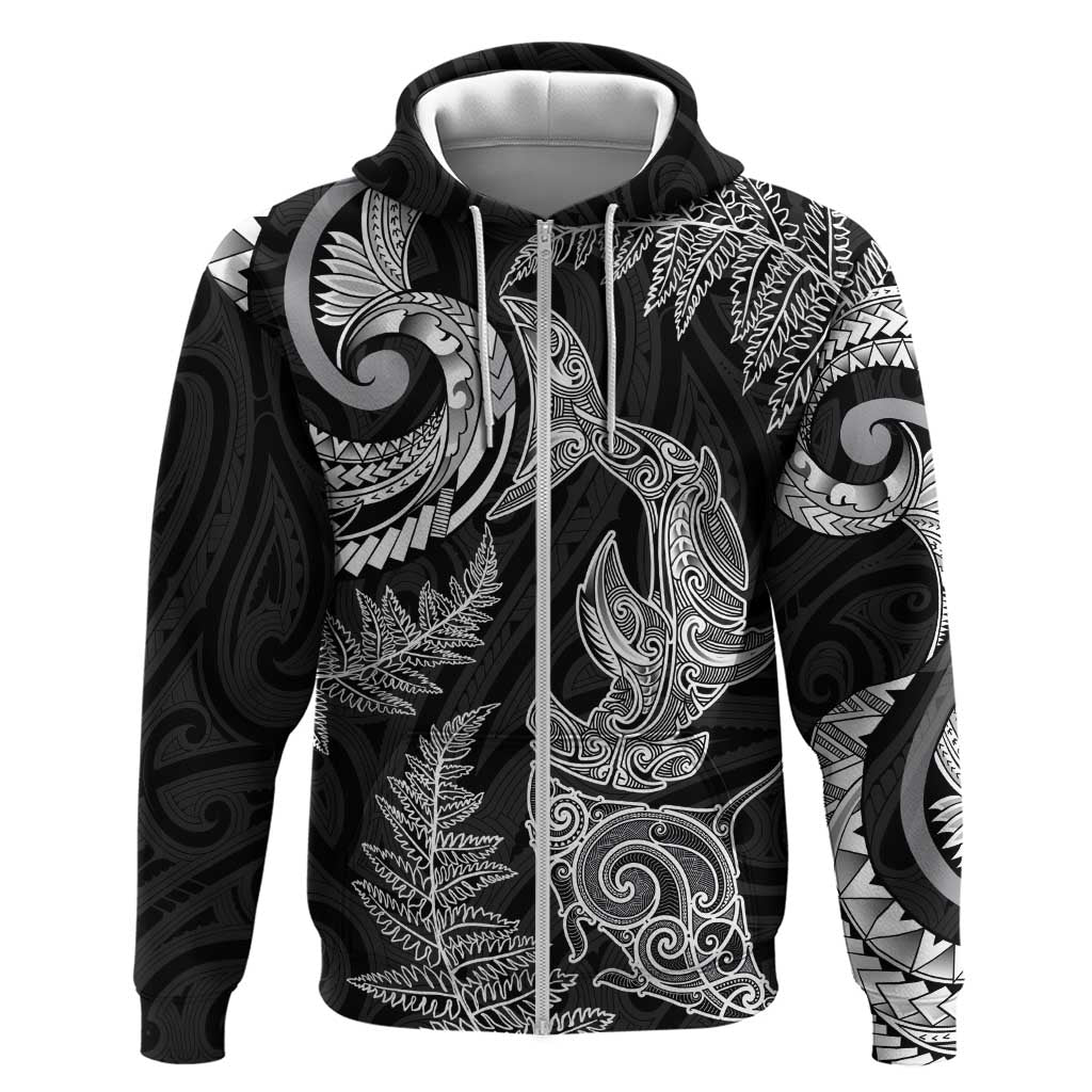 New Zealand Sea Animals with Maori Tribal Tattoo Hoodie Shark Manta Ray with Silver Fern Black LT03 Zip Hoodie Black - Polynesian Pride