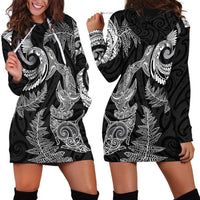 New Zealand Sea Animals with Maori Tribal Tattoo Hoodie Dress Shark Manta Ray with Silver Fern Black LT03 - Polynesian Pride