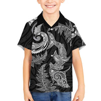New Zealand Sea Animals with Maori Tribal Tattoo Kid Hawaiian Shirt Shark Manta Ray with Silver Fern Black LT03 Kid Black - Polynesian Pride