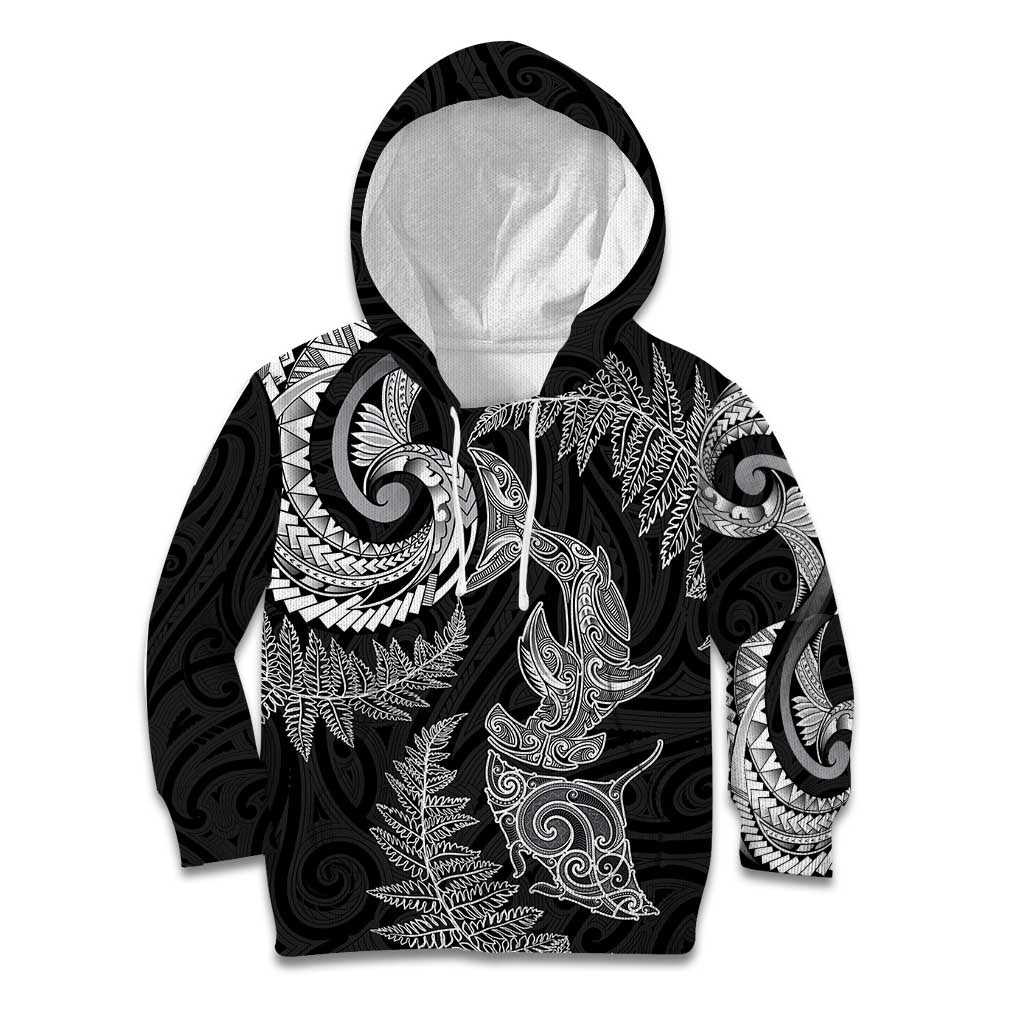 New Zealand Sea Animals with Maori Tribal Tattoo Kid Hoodie Shark Manta Ray with Silver Fern Black LT03 Hoodie Black - Polynesian Pride