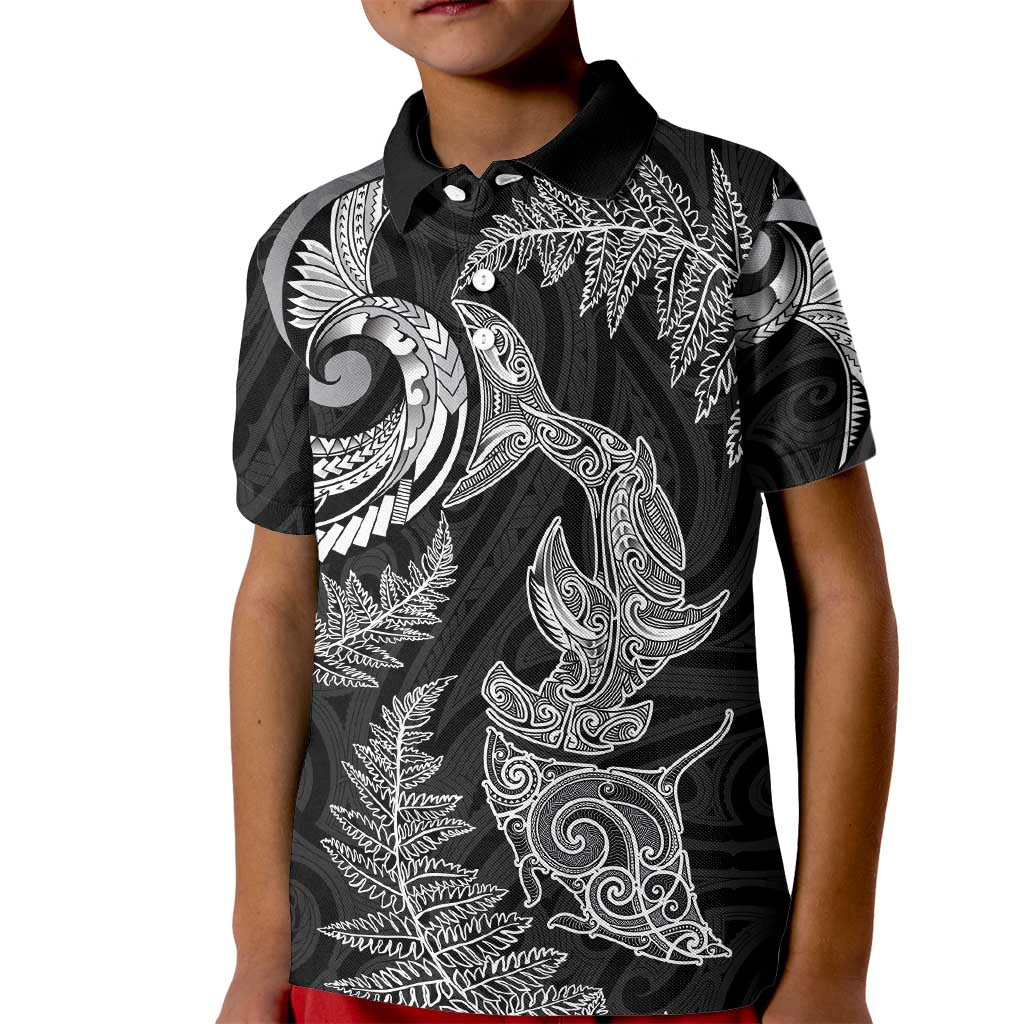 New Zealand Sea Animals with Maori Tribal Tattoo Kid Polo Shirt Shark Manta Ray with Silver Fern Black LT03 Kid Black - Polynesian Pride