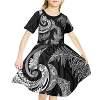 New Zealand Sea Animals with Maori Tribal Tattoo Kid Short Sleeve Dress Shark Manta Ray with Silver Fern Black LT03 - Polynesian Pride