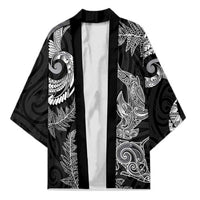 New Zealand Sea Animals with Maori Tribal Tattoo Kimono Shark Manta Ray with Silver Fern Black LT03 Unisex Black - Polynesian Pride