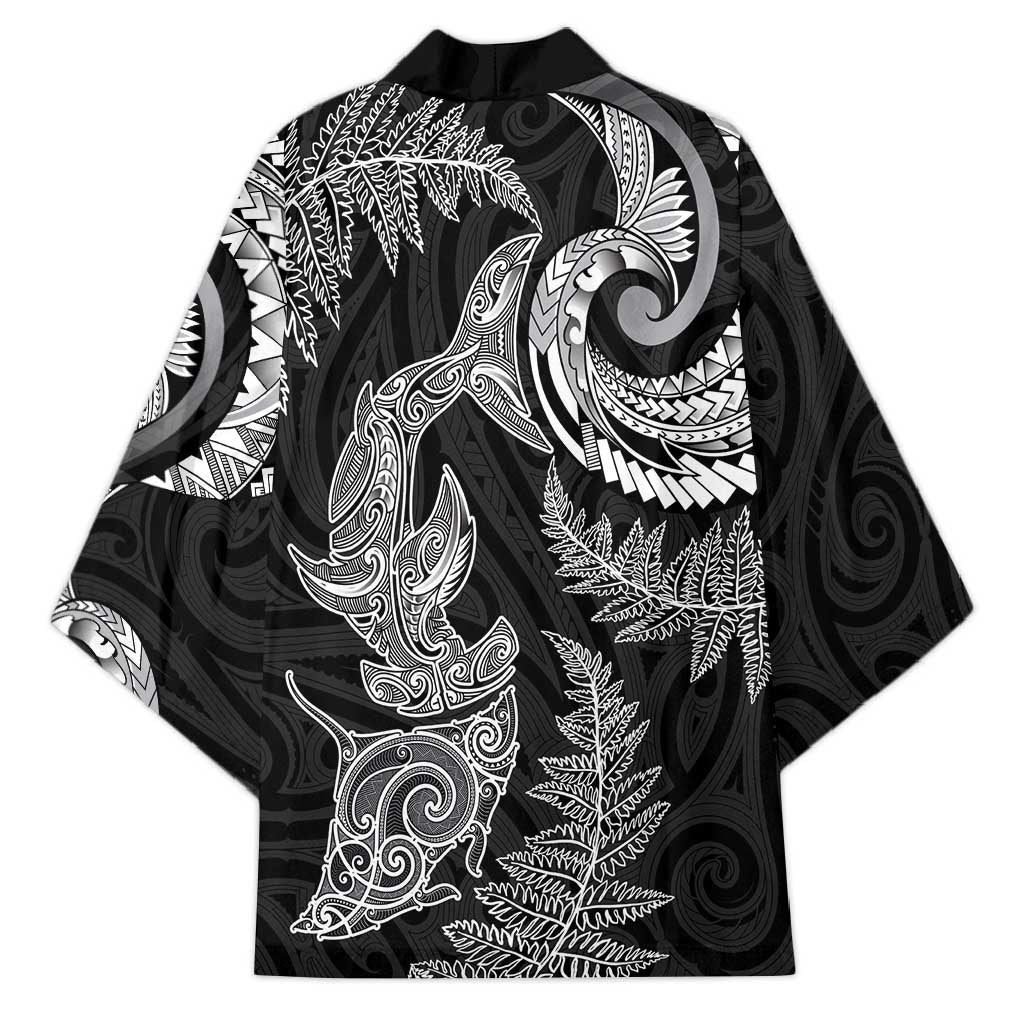 New Zealand Sea Animals with Maori Tribal Tattoo Kimono Shark Manta Ray with Silver Fern Black LT03 - Polynesian Pride