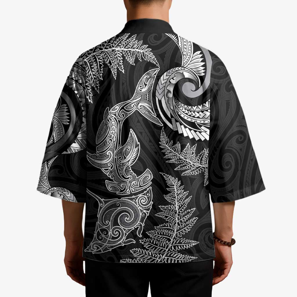 New Zealand Sea Animals with Maori Tribal Tattoo Kimono Shark Manta Ray with Silver Fern Black LT03 - Polynesian Pride
