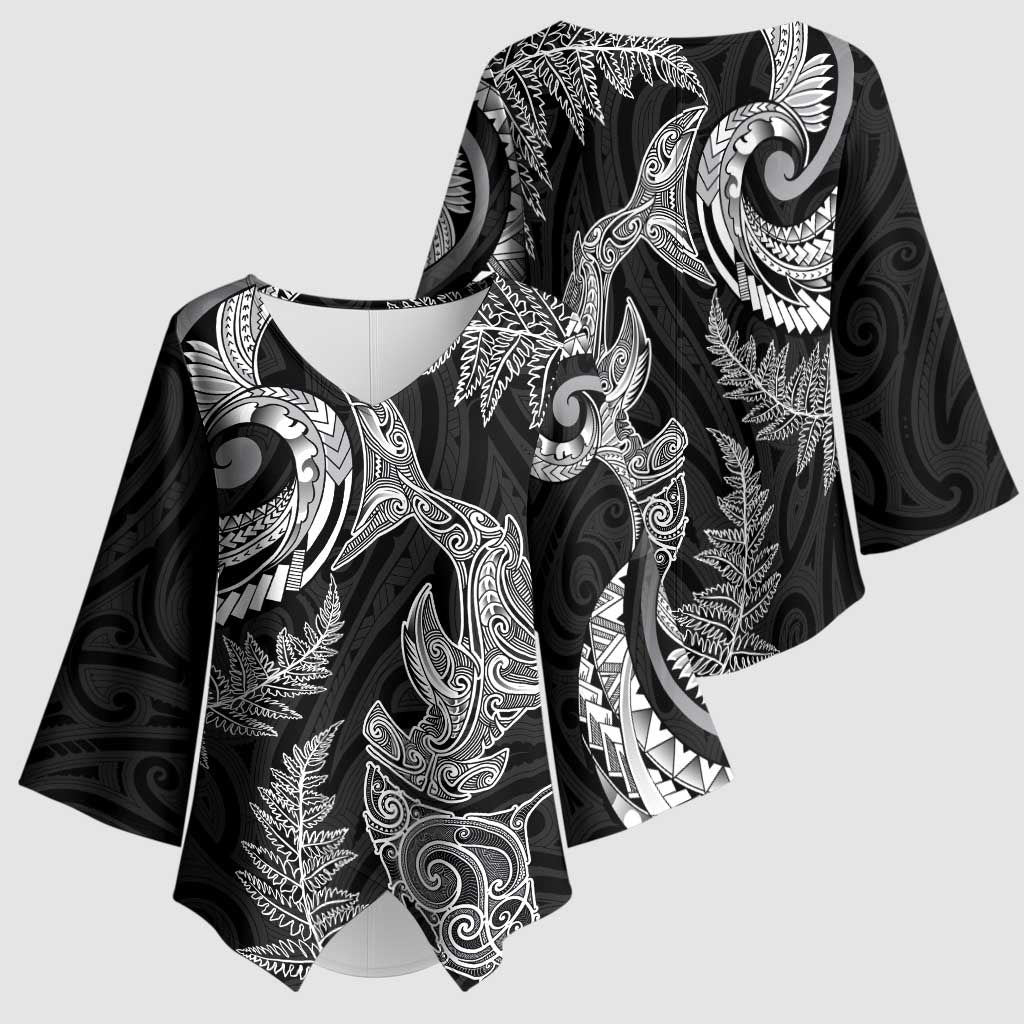 New Zealand Sea Animals with Maori Tribal Tattoo Kimono Sleeve Blouse Shark Manta Ray with Silver Fern Black LT03 - Polynesian Pride