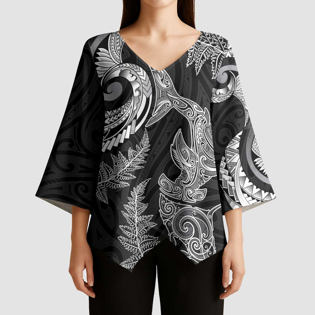 New Zealand Sea Animals with Maori Tribal Tattoo Kimono Sleeve Blouse Shark Manta Ray with Silver Fern Black LT03 - Polynesian Pride