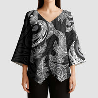 New Zealand Sea Animals with Maori Tribal Tattoo Kimono Sleeve Blouse Shark Manta Ray with Silver Fern Black LT03 - Polynesian Pride