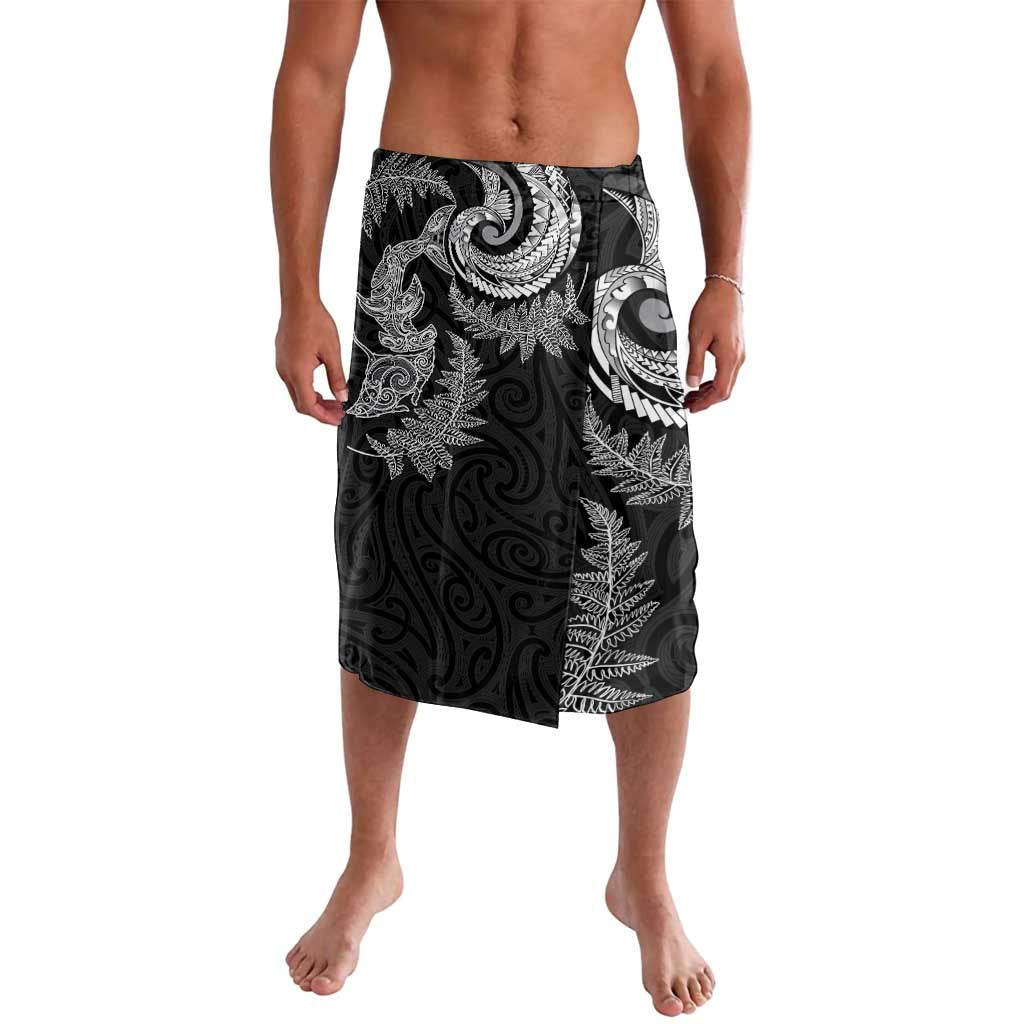 New Zealand Sea Animals with Maori Tribal Tattoo Lavalava Shark Manta Ray with Silver Fern Black LT03 Black - Polynesian Pride