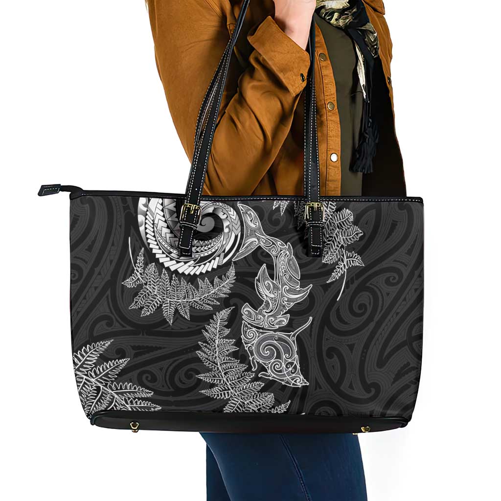 New Zealand Sea Animals with Maori Tribal Tattoo Leather Tote Bag Shark Manta Ray with Silver Fern Black LT03 - Polynesian Pride