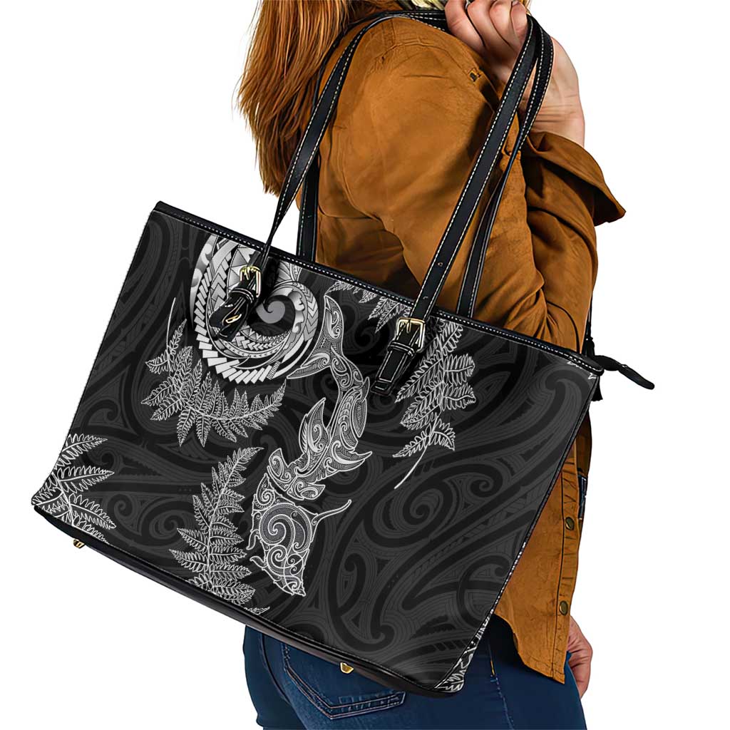 New Zealand Sea Animals with Maori Tribal Tattoo Leather Tote Bag Shark Manta Ray with Silver Fern Black LT03 - Polynesian Pride